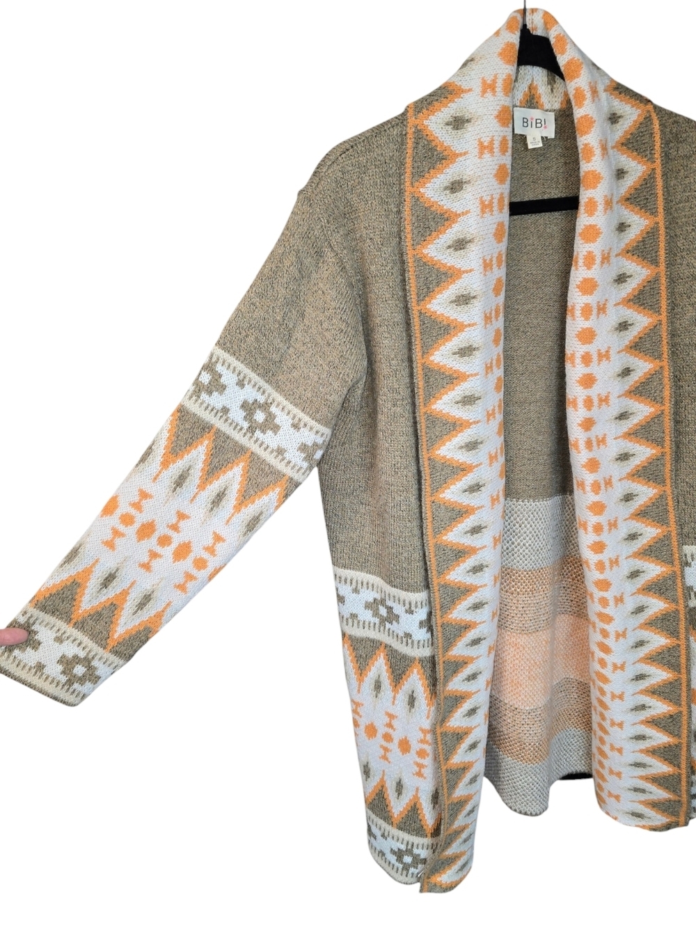BiBi Aztec Tribal Open Front Cardigan Duster Boho Southwest Orange Taupe Size Sm - Picture 10 of 14
